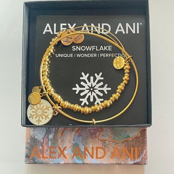 Alex and Ani Holiday Winter Set of 2 Snowflake Charm Gold Bracelet - Picture 2 of 3